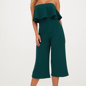 Emerald Green Bardot Double Layer Culottes Jumpsuit